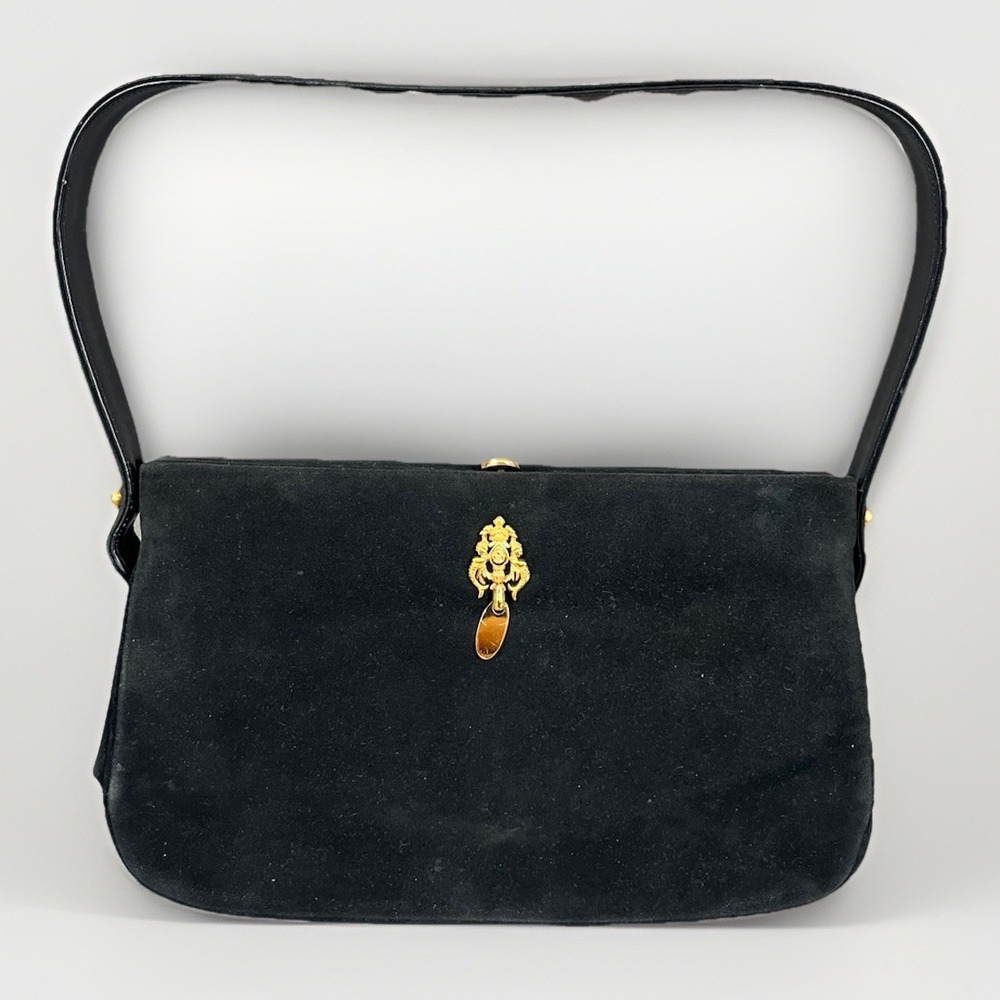 Vintage‎ Bienen-Davis Black Suede Handbag Clutch w. Gold-tone Accents